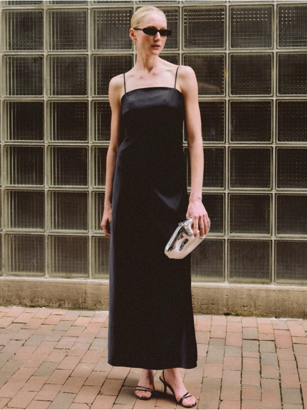 Alex Evenings Black Satin Maxi Slip Dress with Spaghetti Straps